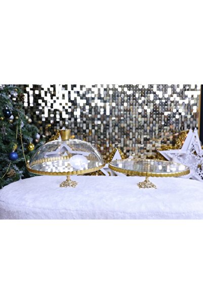 Elta Collection 2 li Paşabahçe Metal Ayaklı Yaldızlı Kek Fanus ve Pasta Standı Sunumluk