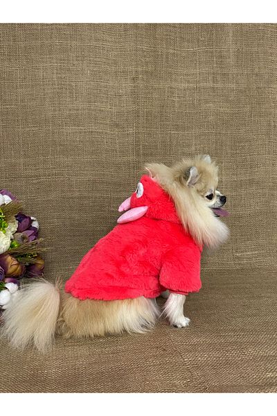 MARİA PET FASHİON Plush Red Coat with Dinosaur Hat - Dog and Rabbit Outfit, Plush Sweat Jacket
