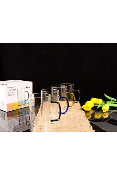 DİBA AVM Heat Resistant 4-Piece 410 ml Glass Cup with Handle Colorful Handle 4 Pieces Glass Cup Home Office Cup