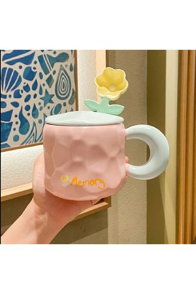 hediyeconcepti 500ml Cute Cartoon Ceramic High Appearance Level Mug with Lid and Spoon