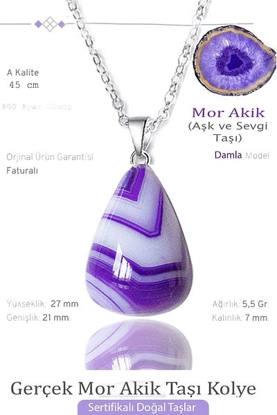 Tesbih Atölyesi Certified Drop Model Real Purple Agate Stone Necklace