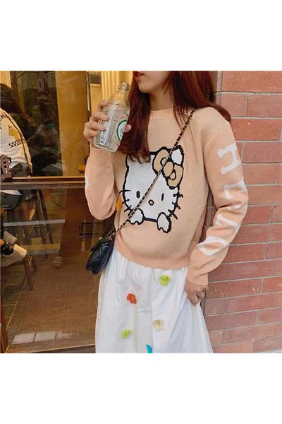 Touz Blunt Blunt Harajuku Hello Kitty Καφέ Oversize Crop πουλόβερ