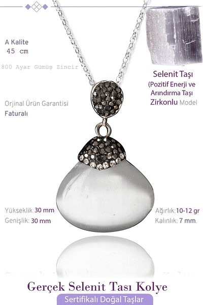Tesbih Atölyesi Certified Zircon Stone Oval Selenite Stone Necklace