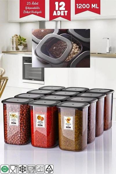 Open Home Concept 12 Pieces 1200 ml Economical Unbreakable Anthracite Storage Container with Labels