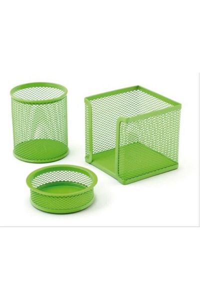 Mimaks Table Set Paper Clip-Paper Holder-Pen Holder 3 Pieces Metal Perforated Green Ms-3