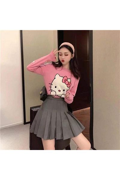 Touz Anime Harajuku Hello Kitty Crop Friend Pink Oversize Sweater
