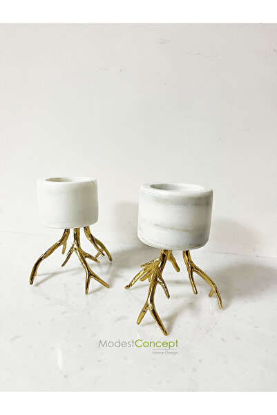 Modestmar Doğal Beyaz Mermer Mumluk, Ayaklı Mumluk, Mermer TeaLight, Gold Aya...