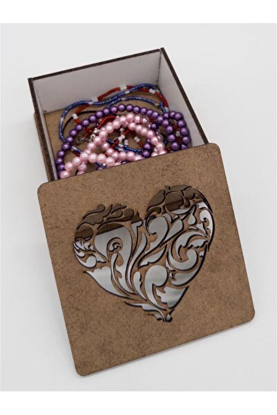 Atölye7Tasarım Ahşap Dekoratif Kalp Desenli Boyanabilir Mücevher Takı Yüzük Bileklik Kutusu