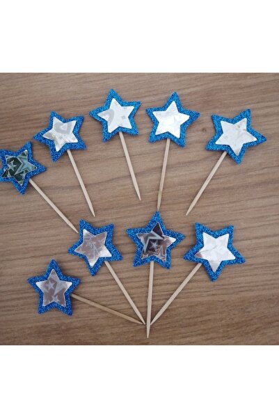 Büşra Süsleme Mavi Yıldız Konseptli Kürdan Pasta Süsü,cupkek 15'li