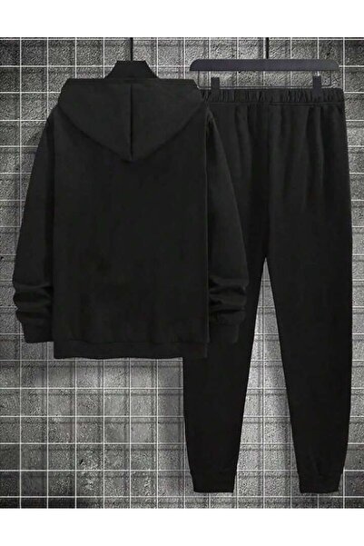 donamod İskelet İnsan Kafası Tasarımlı Çizgisel Erkek Dikey Unısex Oversıze Kapşonlu Siyah Eşofman Takımı