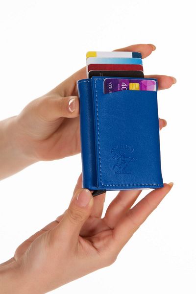 Newish Leather Unisex Card Holder Wallet with Aluminum Mechanism - Slide, Paper Coin Compartment (7.5X10Cm)