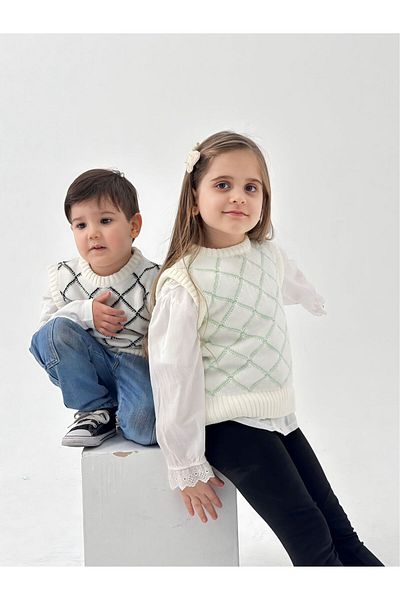EYC BABY Ecru-Green Children's Knitwear Sweater (Add to the basket in the adult sweater for one product)