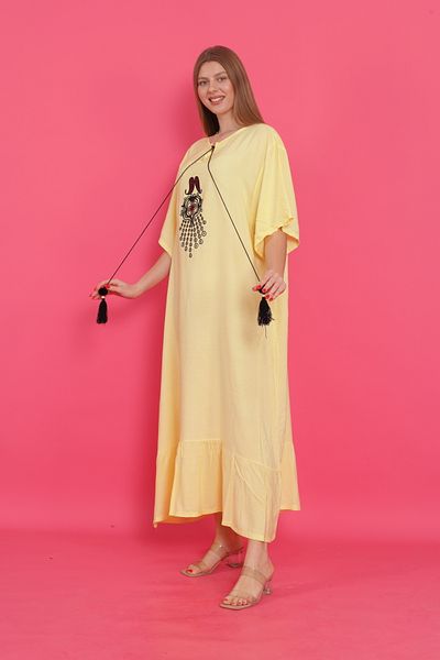 mervemoda Women's Yellow Large Size Short Sleeve Woven Dress