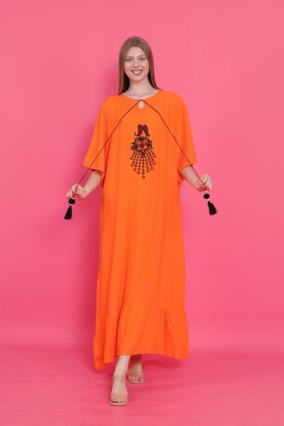 mervemoda Women's Orange Plus Size Short Sleeve Woven Dress