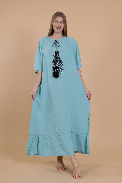 mervemoda Women's BLUE Large Size Short Sleeve Woven Dress