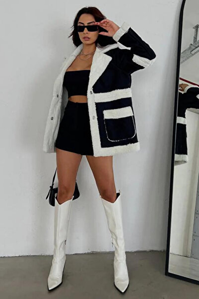 munora butik Semišová bunda s velkou kapsou a bílou kožešinou uvnitř