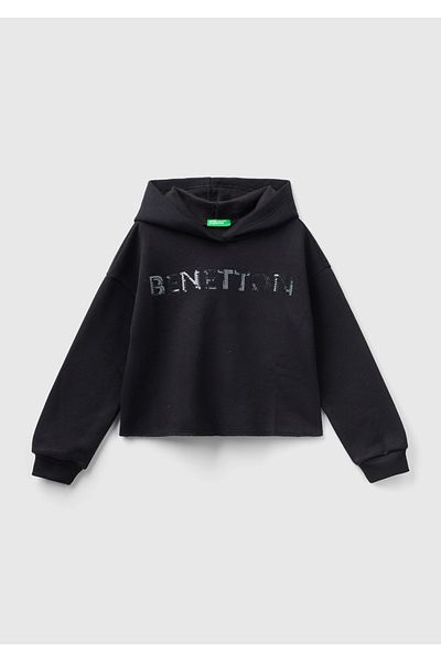 United Colors of Benetton Black Crop Sweatshirt - Girl, Slogan Printed