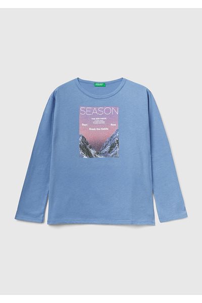 United Colors of Benetton Girl's Aviator Blue Off-Shoulder Printed T-Shirt