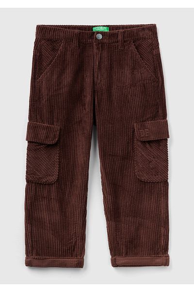 United Colors of Benetton Brown Velvet Boy's Trousers - Be Embroidered and Cargo Pocket