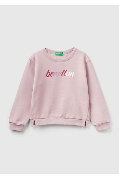 United Colors of Benetton Girl's Dusty Rose Slogan Printed Sweatshirt