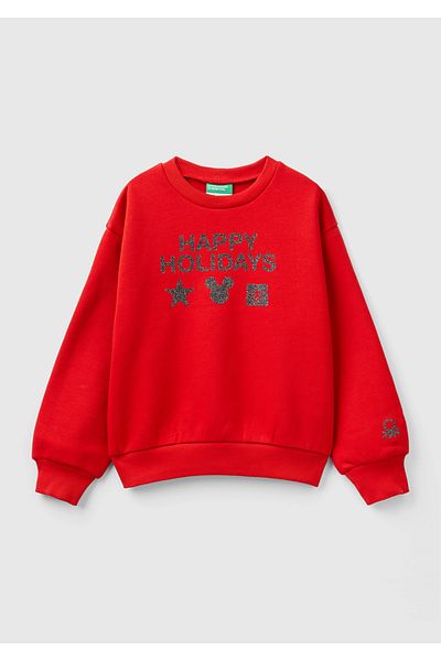 United Colors of Benetton Момиче - Червен суитшърт с отворени рамене и щампа на Мики Маус