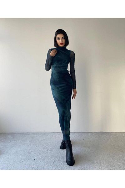 ETİKAFASHION Rochie maxi premium din tul cu mânecă lungă, cu decolteu, albastru, verde