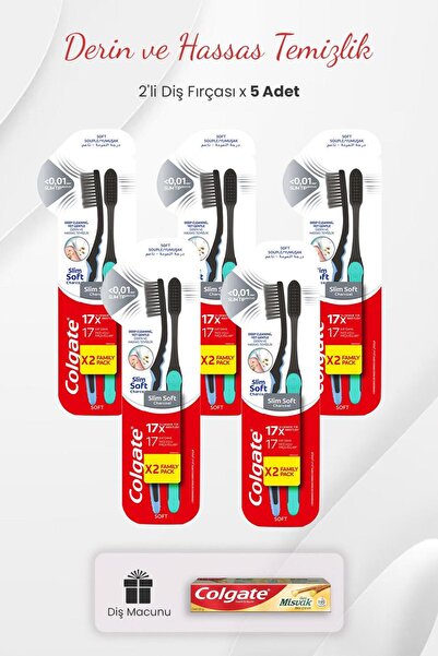 Colgate Slim Soft Charcoal 2-Pack Toothbrush x 5 Pieces and Toothpaste with Miswak Extract