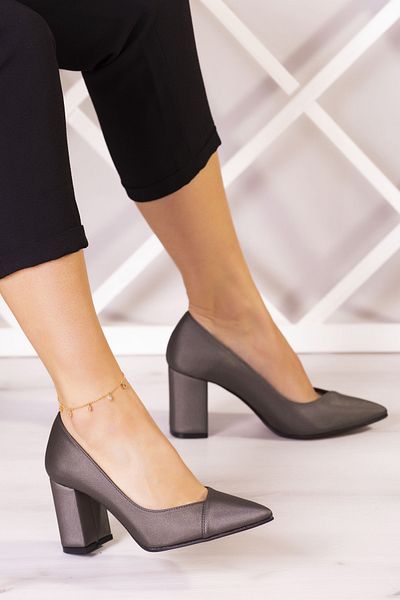 Erkan Saçmacı Pantofi Rochii De Seara Cu Toc Gros din Satin Antracit Belinda Plus 7 Cm.
