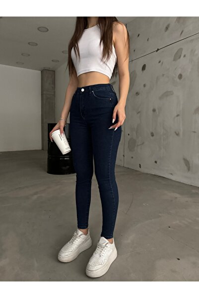 BİKELİFE Marineblaue Lycra-Jeans mit hoher Taille