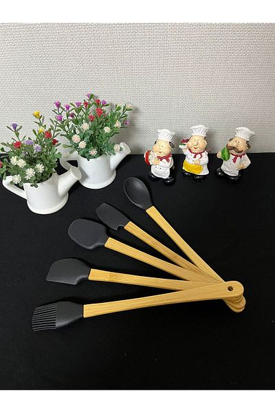 Kitchen Crazy Bamboo Handle 5 Piece Mini Silicone Spatula Spoon Brush Set - Black