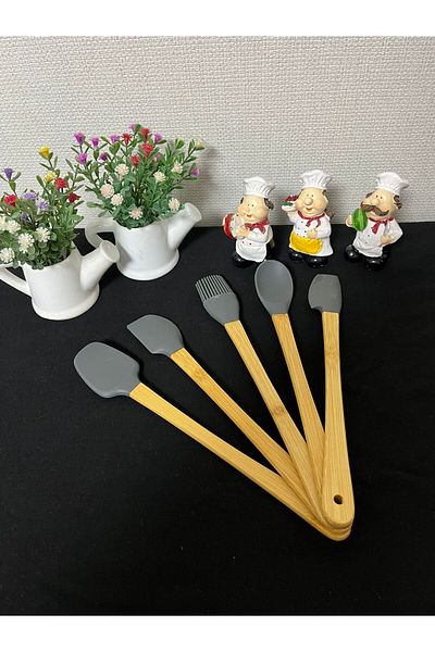 Kitchen Crazy Bamboo Handle 5 Piece Mini Silicone Spatula Spoon Brush Set - Gray