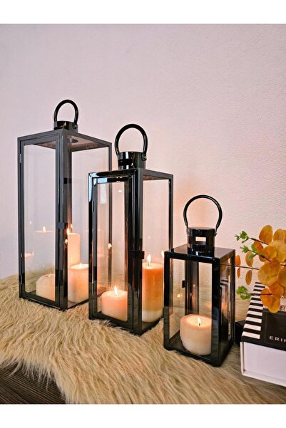 EVİMTATLIEVİM Black Royal Paslanmaz Çelik Üçlü Mumluk Fener Seti