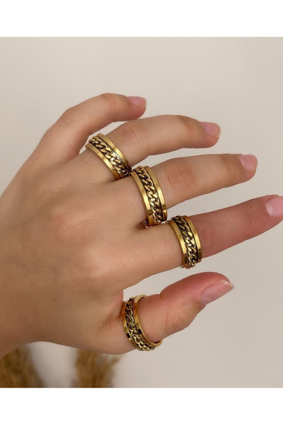 Fynbos Paslanamaz Çelik Zincir Detaylı Unisex Çelik Anti-stres Yüzük