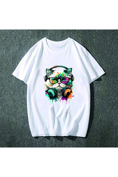 Vordevia mačka Štampano bela Oversize kroj majica sa slušalicama