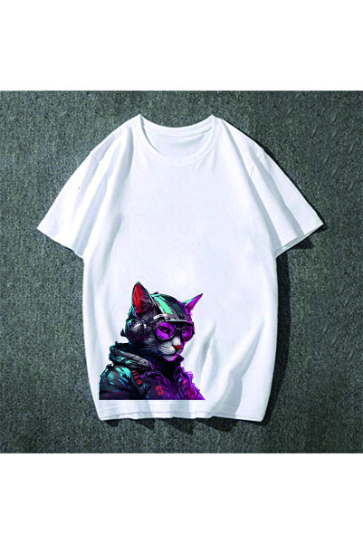 Vordevia Šarena mačka Štampano bela Oversize kroj majica