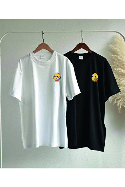 Vordevia Tricou oversize alb și negru cu imprimeu cu pui drăguț