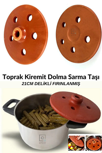 QNİAY Kiremit Toprak Dolma Sarma Taşı Kapağı Büyük 21cm Sırlı Delikli Fırınla...