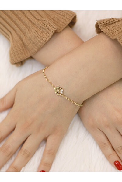 Zeynepli gold & jewelry 14 Ayar Altın Taşlı Kalp Yoncalı Bileklik