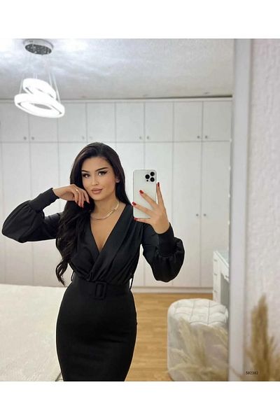 rengafashion Rochie neagră pentru femei, cu mânecă cu balon, cu guler dublu, cu centură