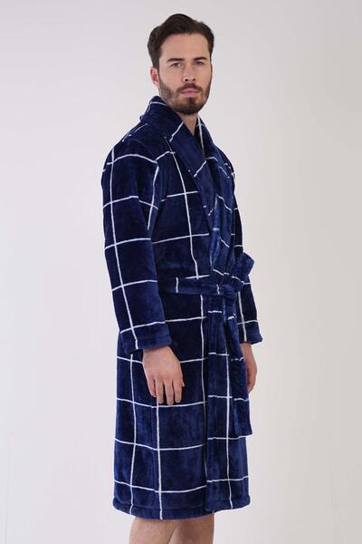 VİENETTA Men's Shawl Collar Welsoft Navy Blue Dressing Gown C3T1N0O080