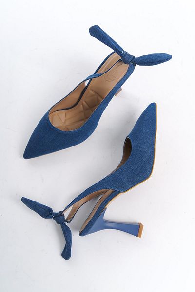 Modabuymus Pony Blue Denim Pantofi cu fundă stiletto cu spatele deschis