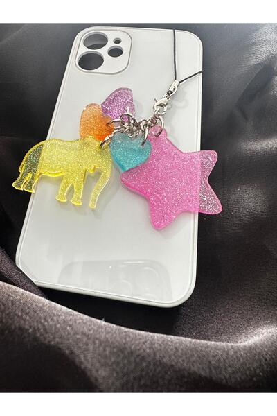 schkırt Fil Yıldız 3 Minik Kalp Motifli Çok Renkli Simli Epoksi Telefon Charmı Telefon İpi Telefon Aksesuarı