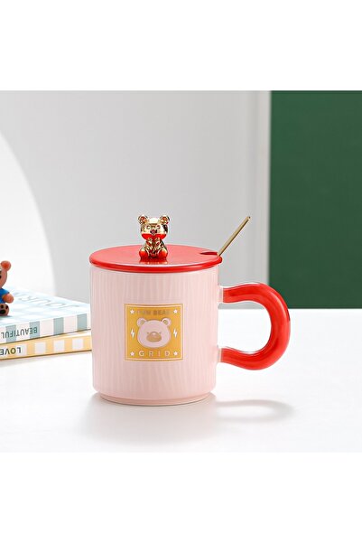 hediyeconcepti 400ml Cute Cartoon Lid with Spoon and Teddy Bear Figure Heat Resistant Mug Cup