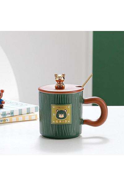 hediyeconcepti 400ml Cute Cartoon Lid with Spoon and Teddy Bear Figure Heat Resistant Mug Cup