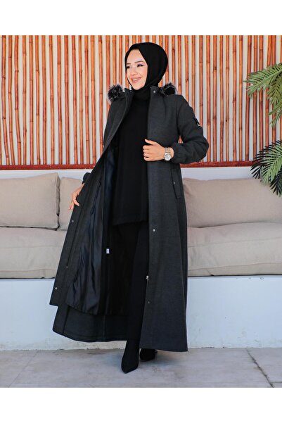 KMKkombin Γυναικείο παλτό με κουκούλα σε όλο το μήκος ελαστικό κασμιρένιο παλ...