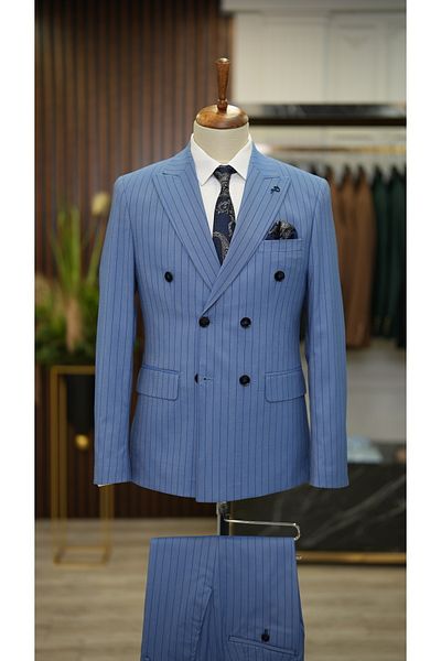 LONATOLİA Men's Striped Double Breasted Suit Swallow Collar Italian Cut Slim Fit Jacket Trousers
