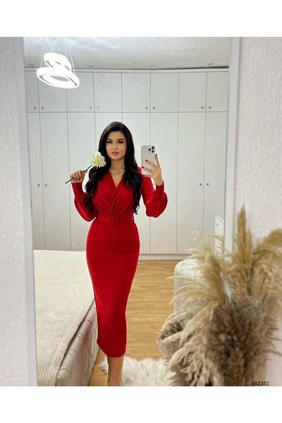 rengafashion Rochie de damă, roșie, cu mânecă cu balon, cu guler dublu, detaliată, cu centură