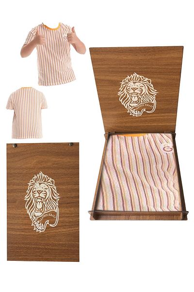 Galatasaray White Striped Licensed Kids T-Shirt - Lion Wooden Boxed Gift