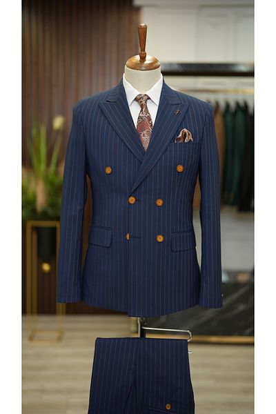 LONATOLİA Men's Striped Double Breasted Suit Swallow Collar Italian Cut Slim Fit Jacket Trousers