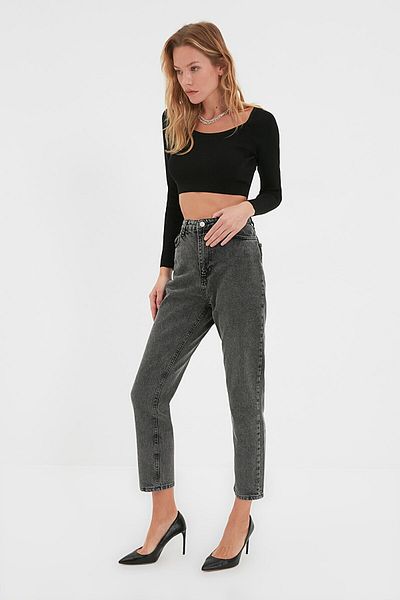 Trn JNS Smoked Snow Mom Jeans Pantaloni denim cu talie înaltă Lycra Colorfast Extra Confortabil